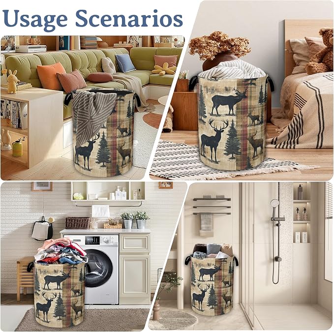 Deer Laundry Basket, Foldable Oxford Cloth Vintage Forest Tree Laundry Hamper - Image 7