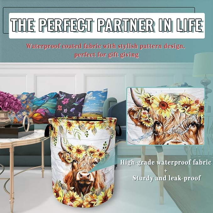 Sunflower Highland Cow Laundry Basket Foldable - Image 6