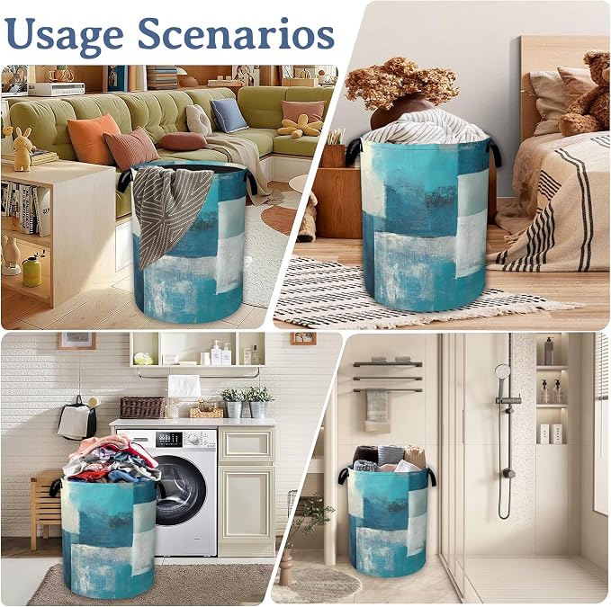 Turquoise Grey Abstract Art Painting Laundry Basket, Foldable Oxford Cloth - Image 7