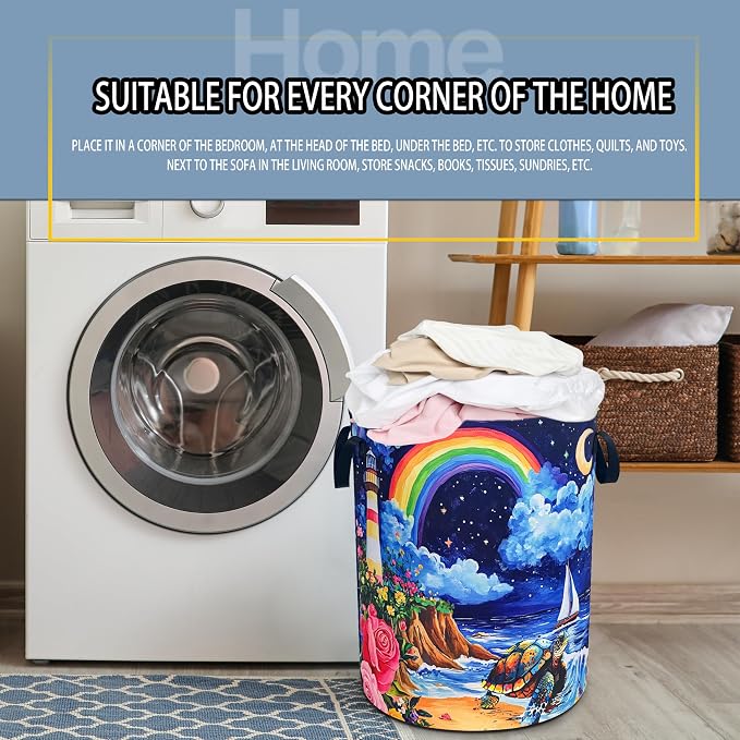 Beach Sea Turtle Laundry Basket Rainbow Lighthouse Foldable Waterproof Oxford - Image 7