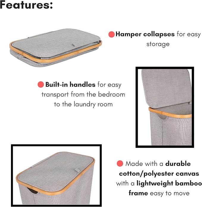 BirdRock Home Bamboo & Canvas Hamper | Single Laundry Basket - Image 3