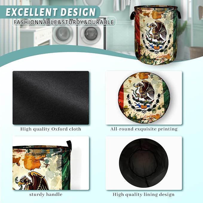 Mexican Flag Laundry Basket Retro Mexican Cactus Foldable Funny Laundry Hamper - Image 4