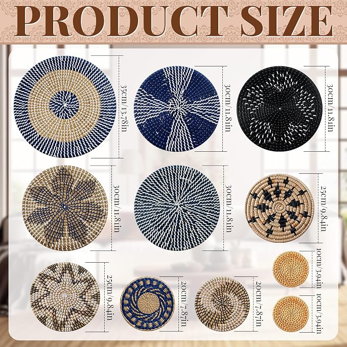 Tatuo 11 Pcs Boho Wall Basket Decor Decorative Bulrush Woven Basket Wall Decor - Image 3
