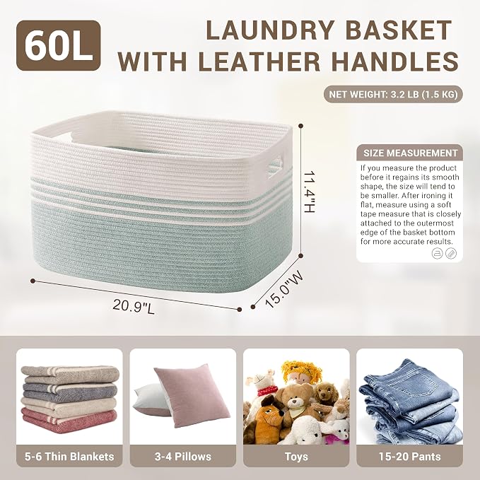 60L Laundry Basket for Living Room Storage, Woven Rope Baskets Bin for Blanket - Image 2