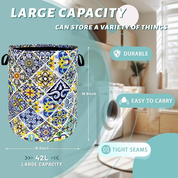 Mexican Tiles Laundry Basket Blue Green Boho Print Funny Laundry Hamper - Image 2
