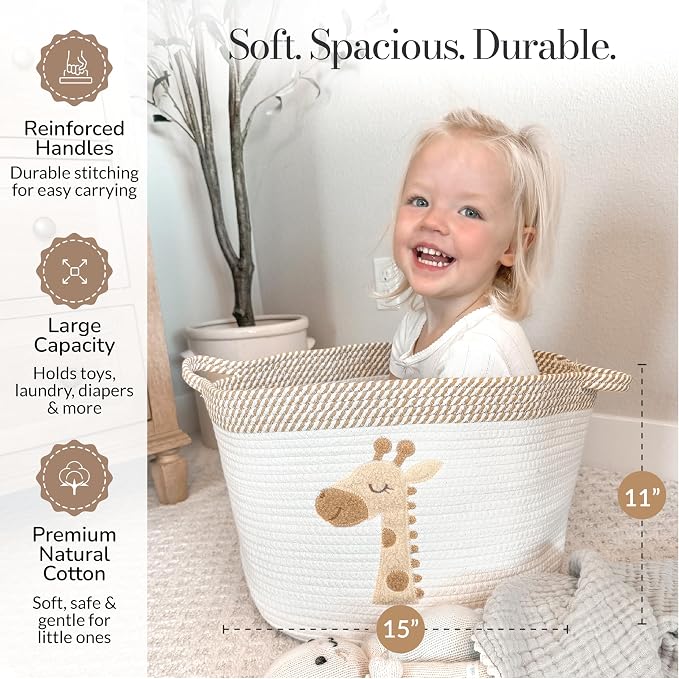 Giraffe Storage Basket for Nursery – Large 15”x11” Cotton Rope Bin - Image 2