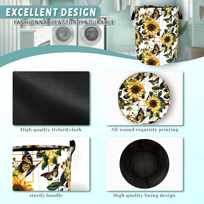 Yellow Sunflower Butterfly Laundry Basket Flowers Foldable Funny Laundry Hamper - Image 4