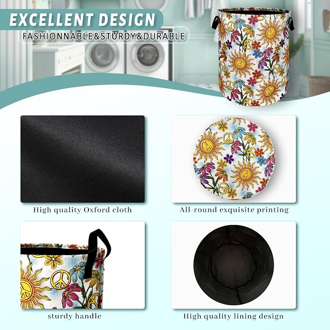 Colorful Hippie Peace Flowers Laundry Basket Foldable - Image 4