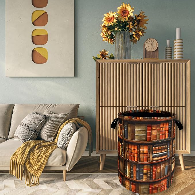 Retro Wooden Bookshelf Pattern Laundry Hamper Books Laundry Basket - Image 7