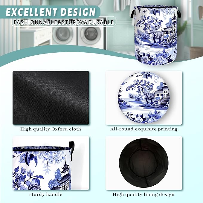 Blue White Porcelain Laundry Basket Chinoiserie Funny Laundry Hamper Foldable - Image 4