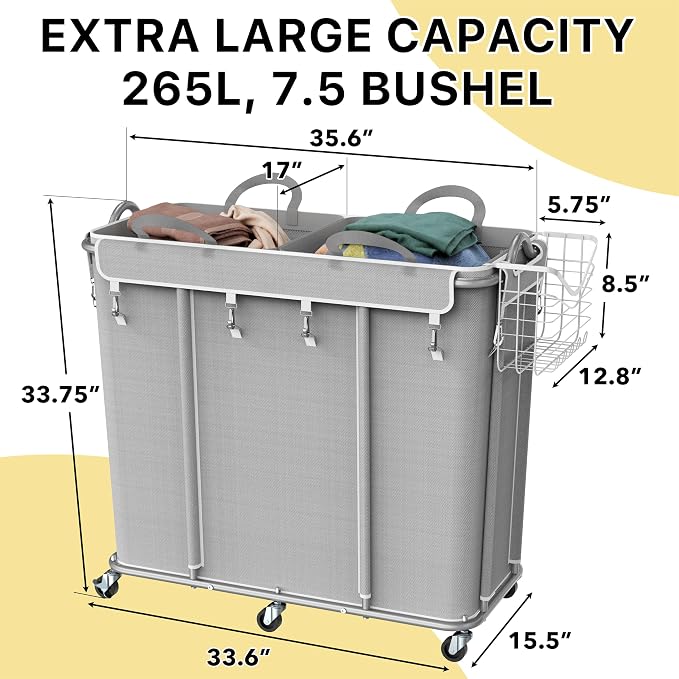 Simple Houseware Extra Large 2 Section Rolling Laundry Cart 265L – Heavy Duty - Image 2