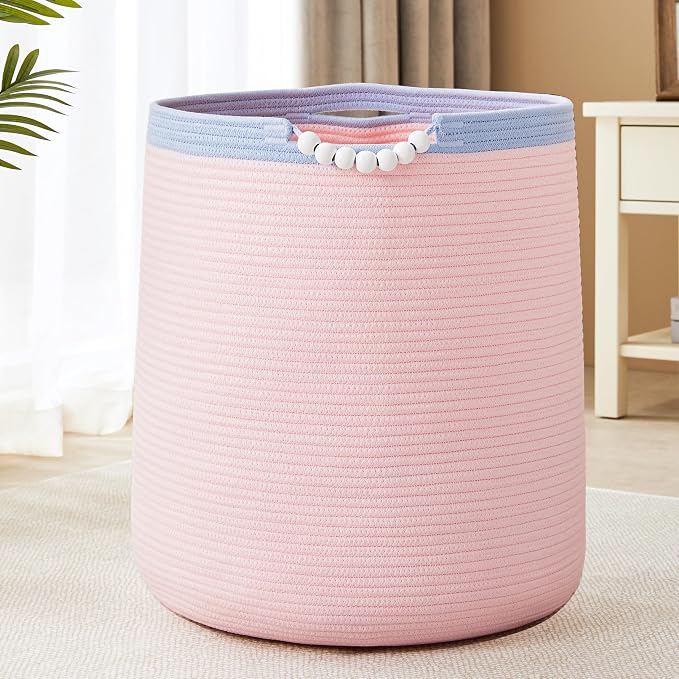 90L Large Pink Woven Rope Laundry Hamper Basket - Image 7