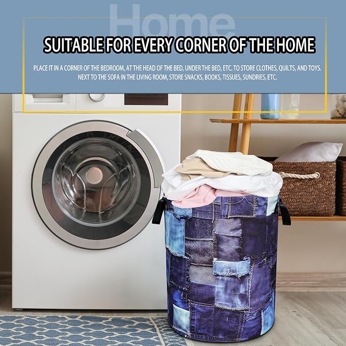 Blue Denim Pattern Laundry Basket Patchwork Design Foldable Oxford Cloth Funny - Image 7