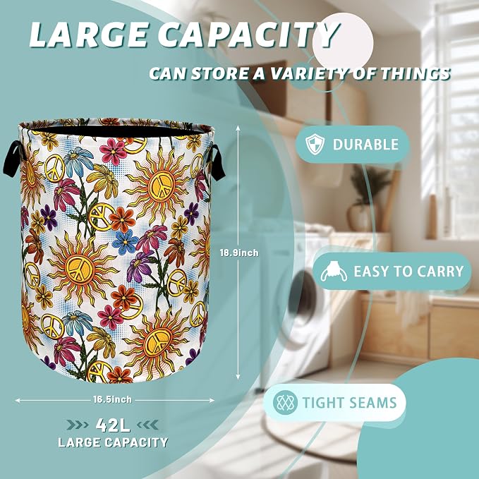 Colorful Hippie Peace Flowers Laundry Basket Foldable - Image 2