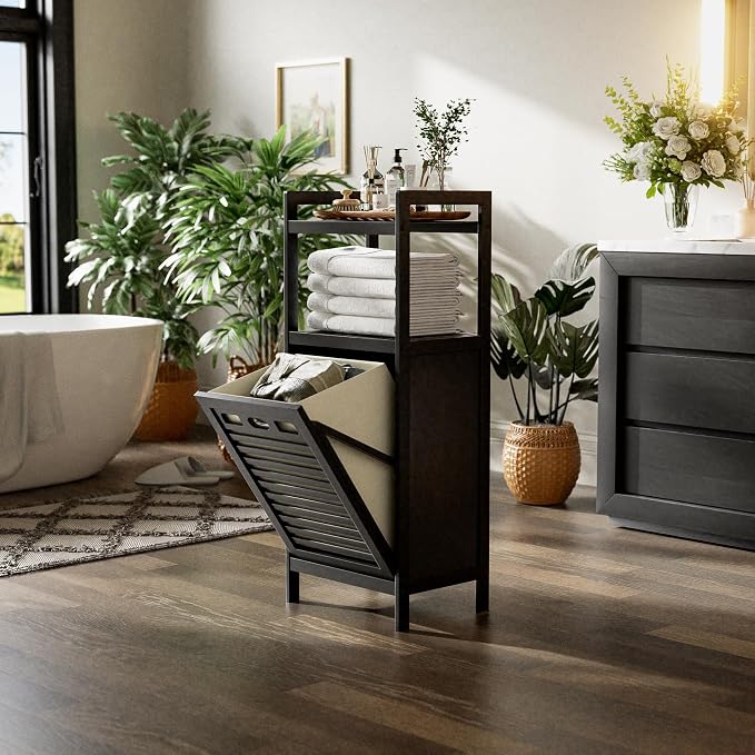 HITNET Tilt Out Laundry Hamper, Bamboo Bathroom Cabinet - Image 9