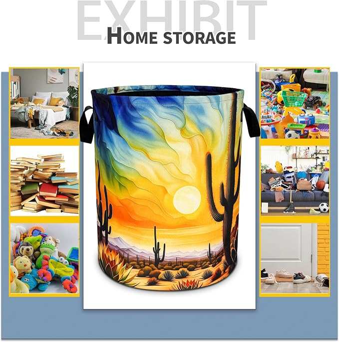 Desert Cactus Laundry Basket Sunset Foldable Oxford Cloth Funny Tote Bag - Image 5