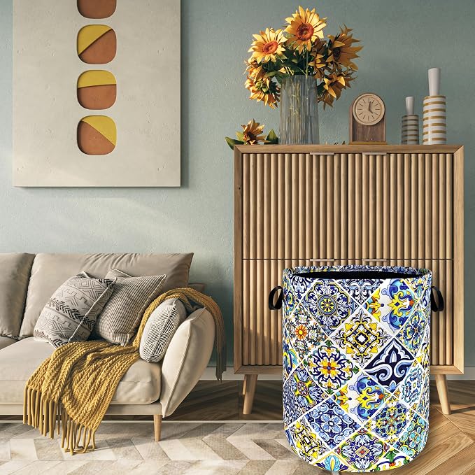 Mexican Tiles Laundry Basket Blue Green Boho Print Funny Laundry Hamper - Image 7
