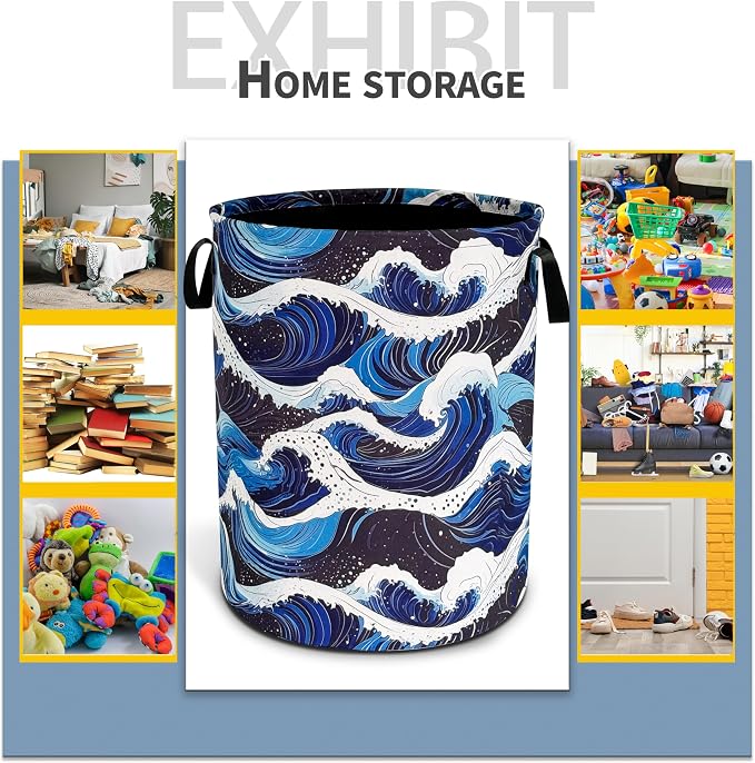 Ocean Wave Laundry Basket Sea Waves Foldable Oxford Cloth Funny Tote Bag - Image 5