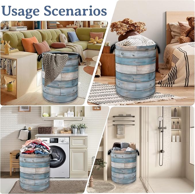 Rustic Wood Grain Laundry Basket, Foldable Waterproof Oxford Cloth Tote Bag - Image 7