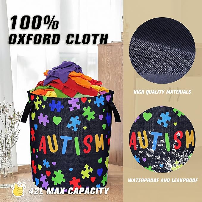 Autism Awareness Laundry Basket Puzzle Pattern Foldable Oxford Cloth Funny Tote - Image 7