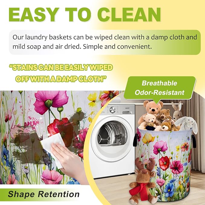 Colorful Flowers Laundry Basket Boho Floral Print Foldable Waterproof Oxford - Image 7