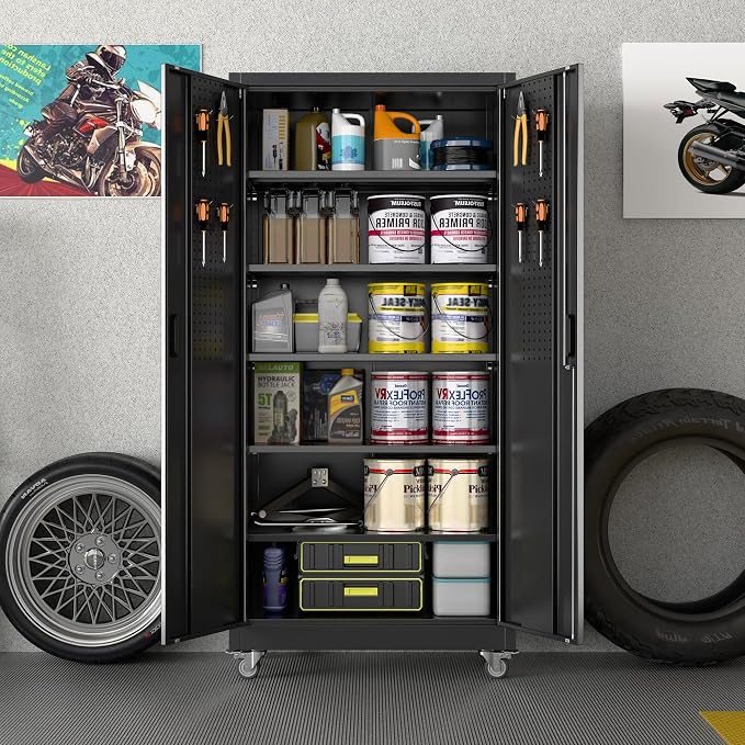 Garage Storage Cabinet with Wheels & Pegboard, Lockable Metal Storage Cabinet - Image 2