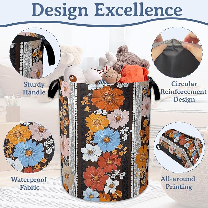 Boho Flowers Laundry Basket, Oxford Cloth Vintage Laundry Hamper - Image 4