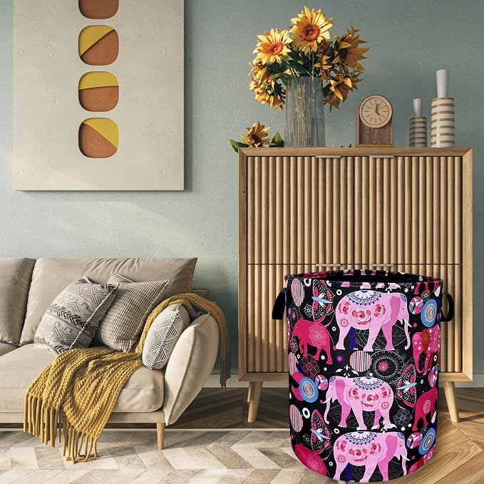 Pink Mandala Elephants Laundry Basket Foldable - Image 7