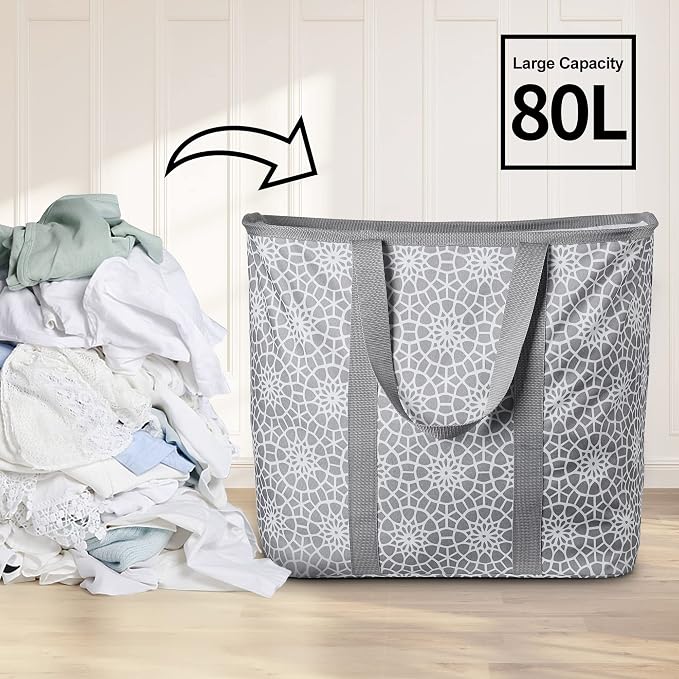 JOMOLA Collapsible Laundry Caddy 80L Large Foldable Laundry Basket Grey - Image 3