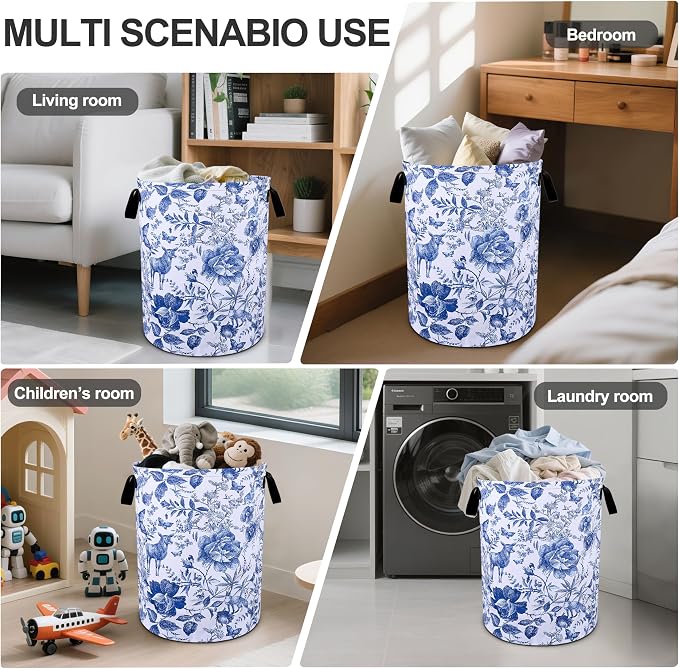 Blue Floral Laundry Basket Foldable Oxford Cloth Tote Bag Laundry Hamper - Image 5