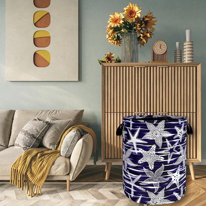 Blue Starfish Printed Laundry Basket Sea Beach Theme Funny Laundry Hamper - Image 7