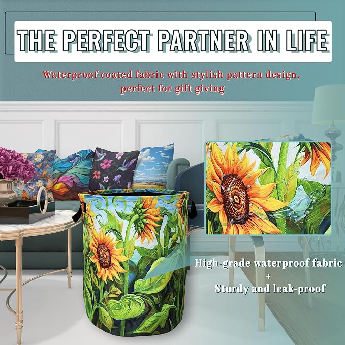 Watercolor Sunflowers Laundry Basket Foldable - Image 6