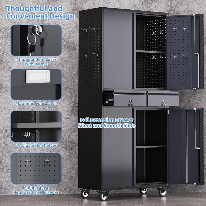 Garage Storage Cabinet with Wheels and 2 Drawers, Locking Metal Storage Cabinet - Image 4