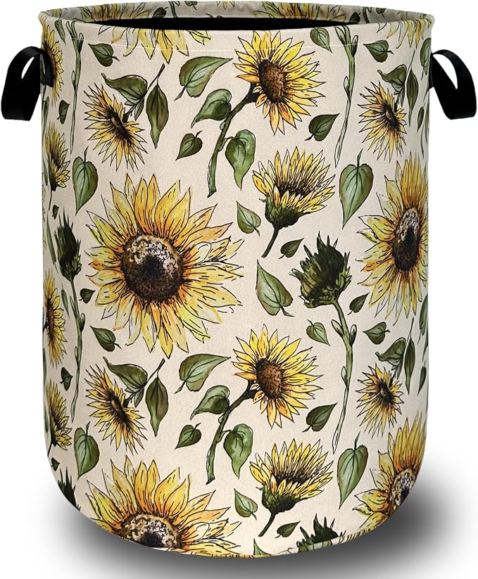 Retro Sunflower Laundry Hamper Yellow Flowers Laundry Basket by SELIONLIKN