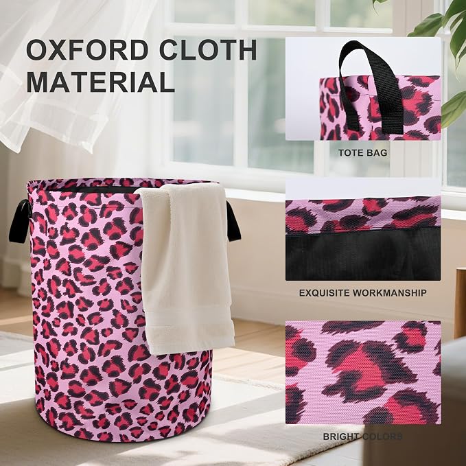 Pink Leopard Laundry Basket Foldable Oxford Cloth Tote Bag Laundry Hamper - Image 2
