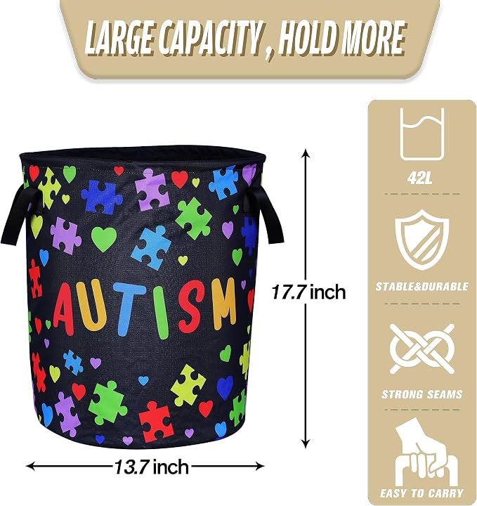 Autism Awareness Laundry Basket Puzzle Pattern Foldable Oxford Cloth Funny Tote - Image 2
