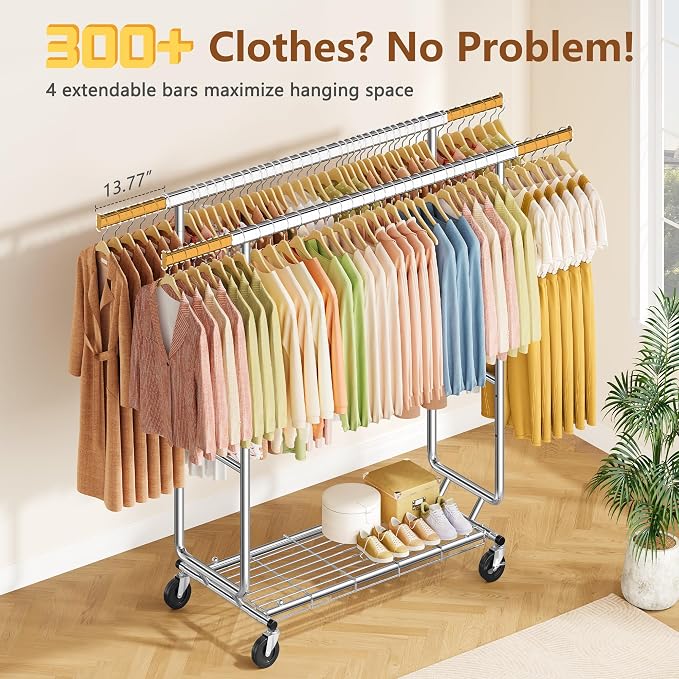 Hoctieon 2-Minute Assembly Double Rod Clothes Rack, Heavy Duty Rolling Clothing - Image 3