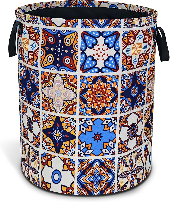 Mexican Tiles Pattern Laundry Basket Mandala Flowers Foldable Oxford Cloth by NUTAINLA