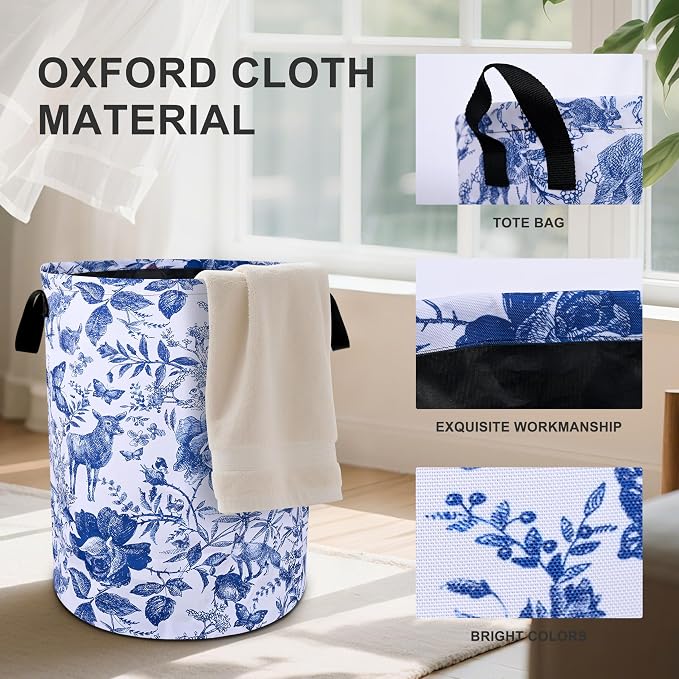 Blue Floral Laundry Basket Foldable Oxford Cloth Tote Bag Laundry Hamper - Image 2