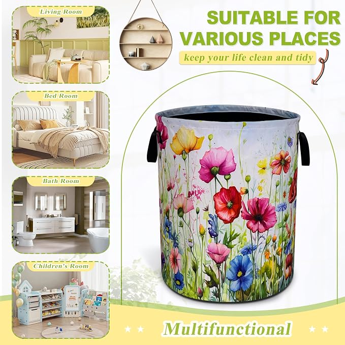 Colorful Flowers Laundry Basket Boho Floral Print Foldable Waterproof Oxford - Image 2