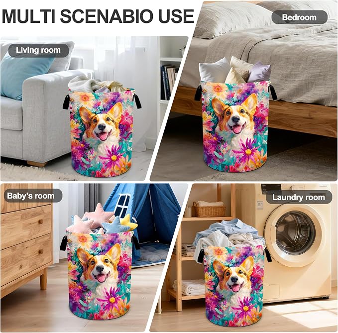 Dog Flower Laundry Basket Storage Bin Foldable Laundry Hamper Clothes Storage - Image 6