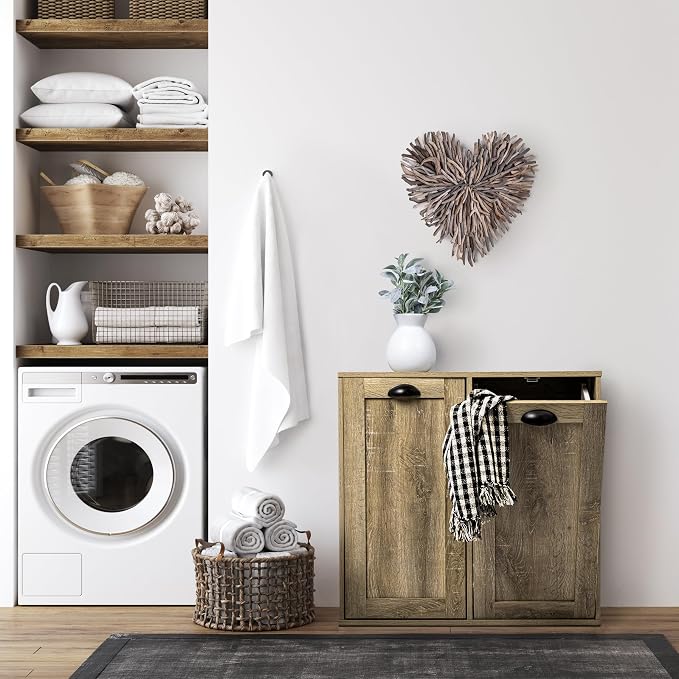 Household Essentials Laundry Sorter Cabinet, Oak Finish - Image 10
