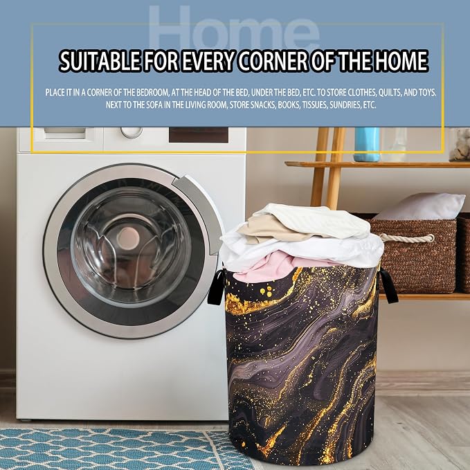 Black Gold Marble Laundry Basket Beautiful Pattern Foldable Oxford Cloth Funny - Image 7