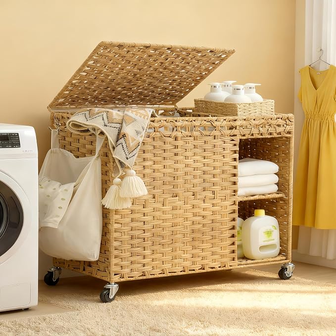 Laundry Hamper with Lid, 160L Rattan Wicker Laundry Basket with Wheels by HEYBLY