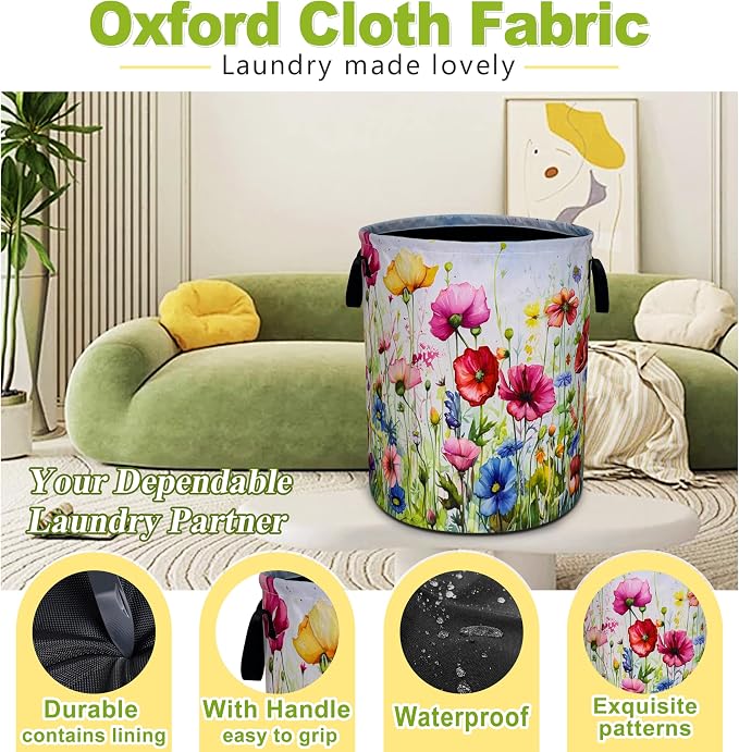 Colorful Flowers Laundry Basket Boho Floral Print Foldable Waterproof Oxford - Image 3