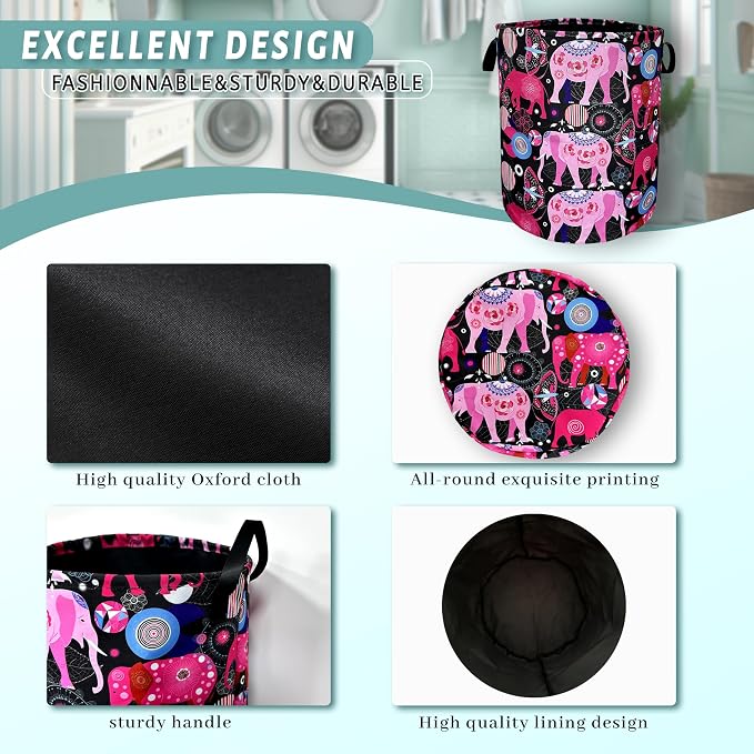 Pink Mandala Elephants Laundry Basket Foldable - Image 4