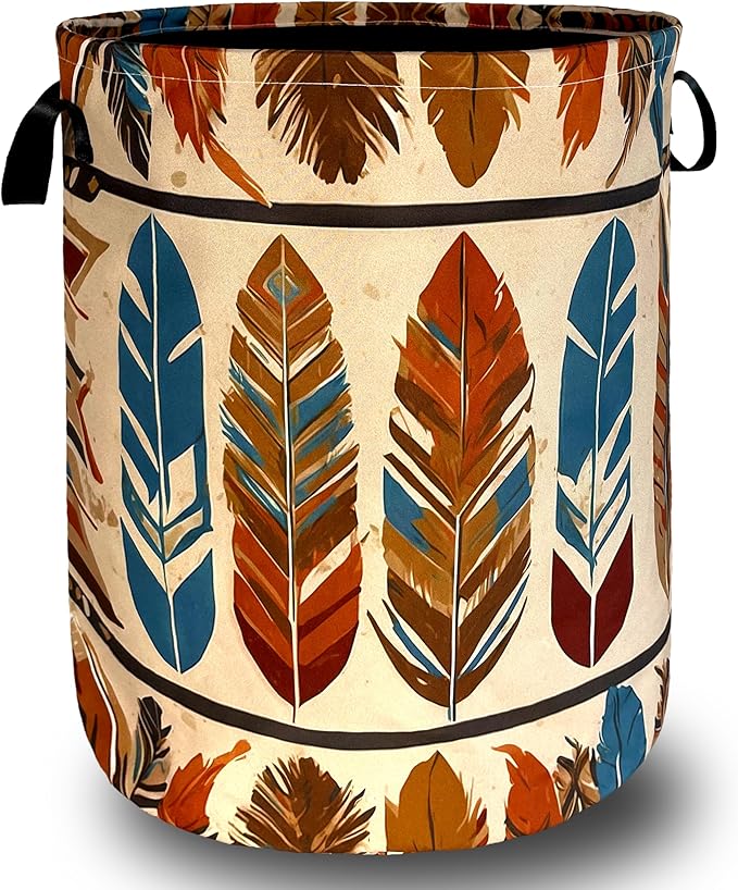Boho Feather Print Laundry Basket Western Funny Laundry Hamper Foldable Oxford by SELIONLIKN
