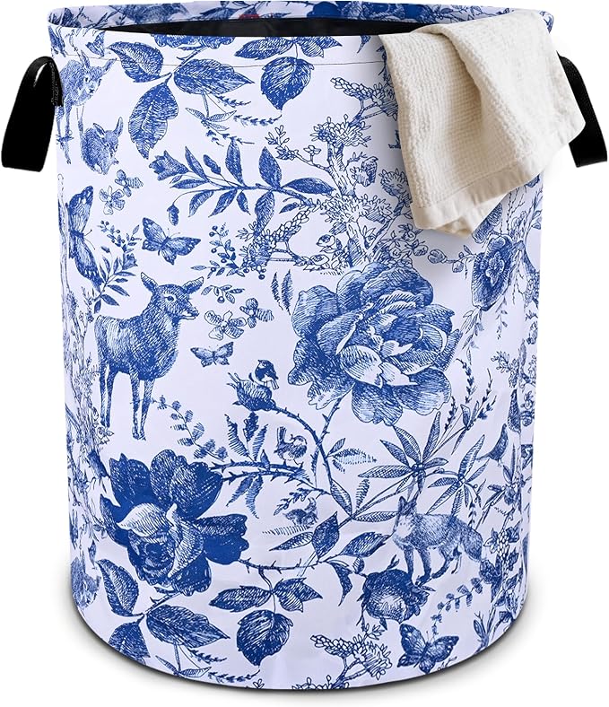 Blue Floral Laundry Basket Foldable Oxford Cloth Tote Bag Laundry Hamper by bassyilCustomizedforlife