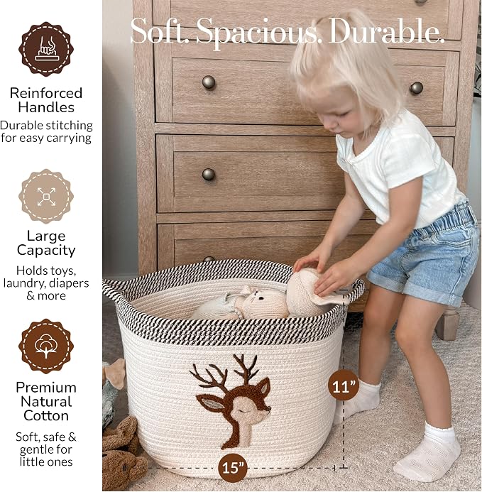 Deer Storage Basket for Nursery – Large 15”x11” Cotton Rope Bin - Image 2