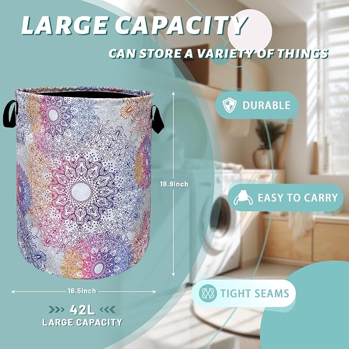 Colorful Mandala Flowers Laundry Basket Foldable - Image 2